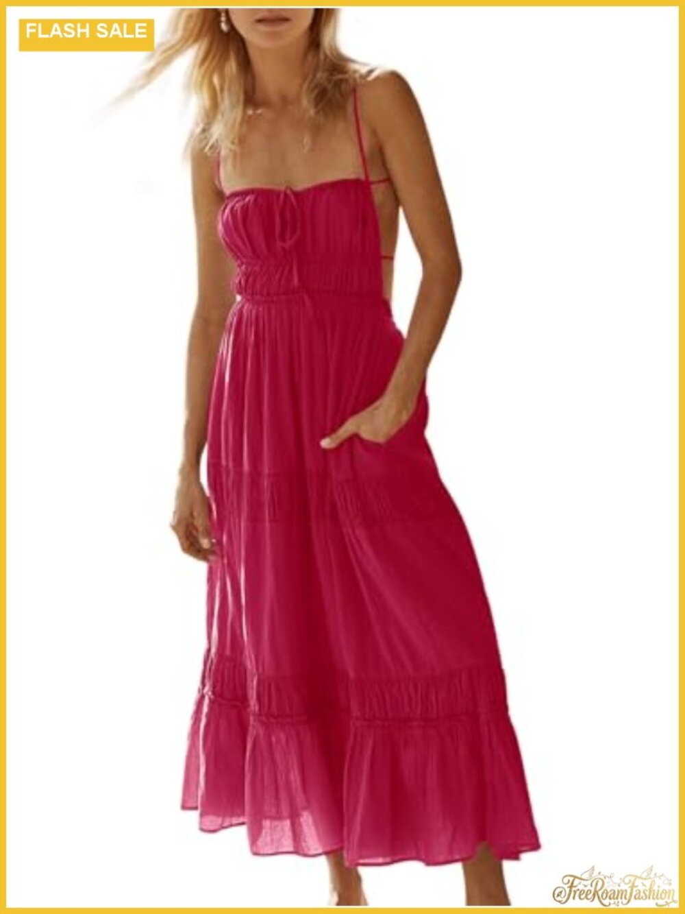 Backless Smocked High Waist Maxi Dress with Pockets